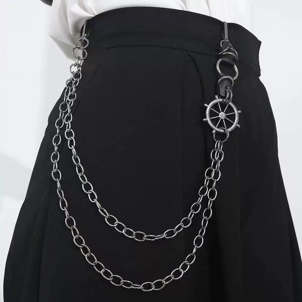 Punk Hip Hop Double Layer Pants Chain With Steering Wheel Pendant Unisex Metal Wallet Chain Streetwear Jeans Trousers Accessories