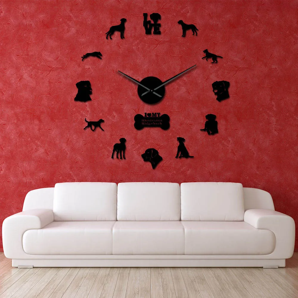 Acrylic 3D Mirror Wall Clock Rhodesian Ridgeback Dog Silhouette DIY Wall Sticker Clock European Style Living Room