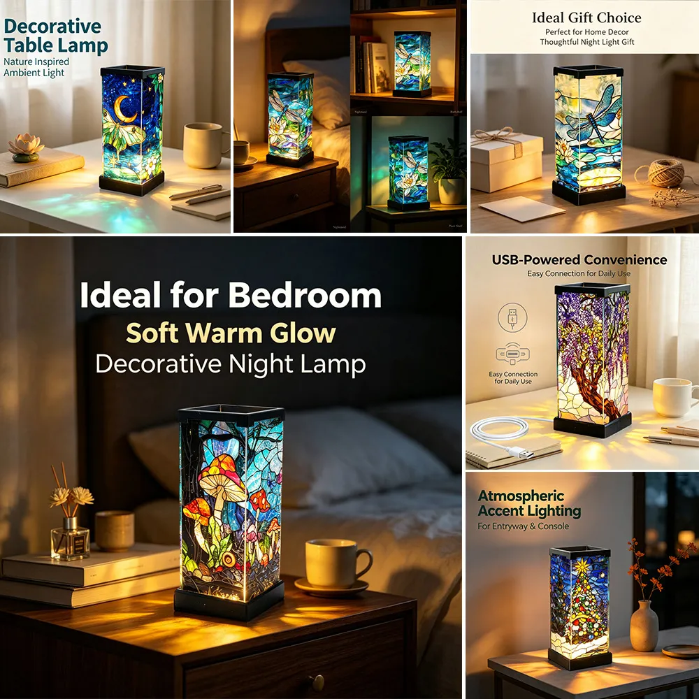 Luce Notturna in Acrilico Stile Vetro Colorato Alimentata tramite USB Lampada da Comodino Decorativa Illuminazione d'Ambiente