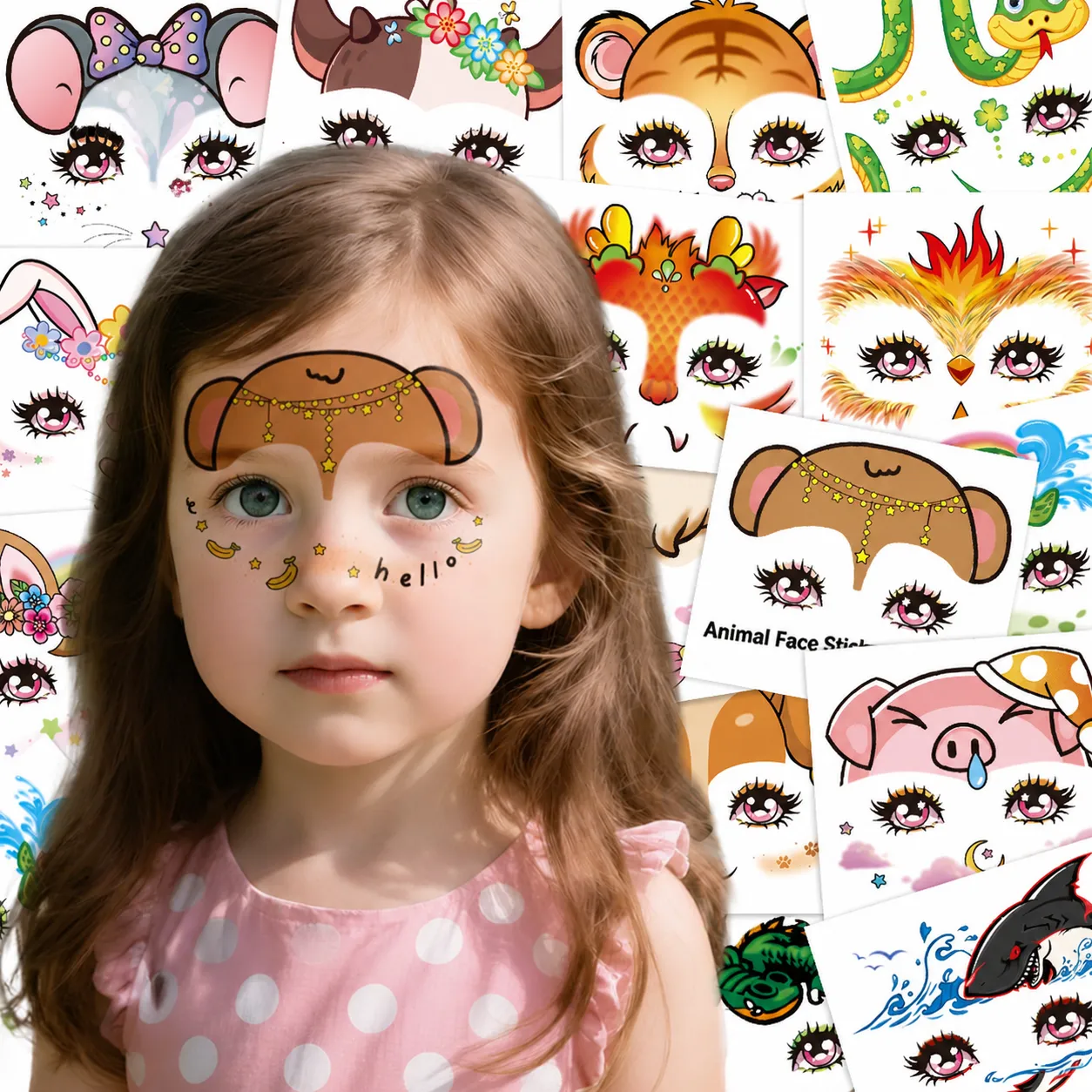 Pegatinas de Tatuaje Temporal para Niños Animales de Dibujos Animados Tatuajes de Cara Impermeables Transferencia de Agua