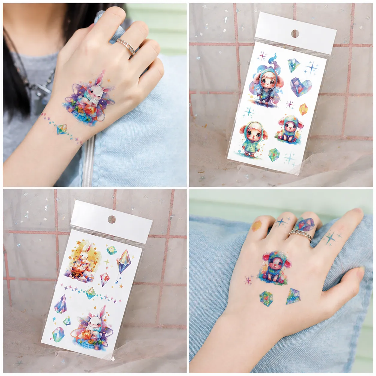 Autocollants de Tatouage Temporaire Pailletés Imperméables pour Enfants Animaux de Dessin Animé Colorés Dinosaure Mignon Faux Tattoos