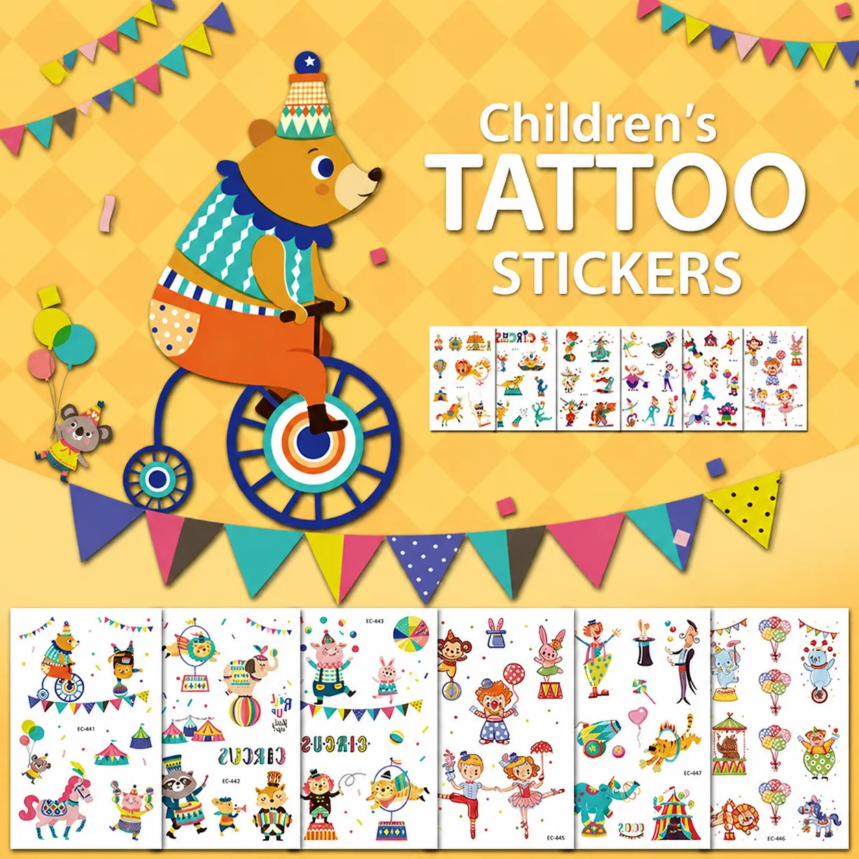 Autocollants de Tatouage Temporaire Imperméables pour Enfants Animaux de Cirque Mignons Conception de Corps Art Maquillage Autocollant de Visage
