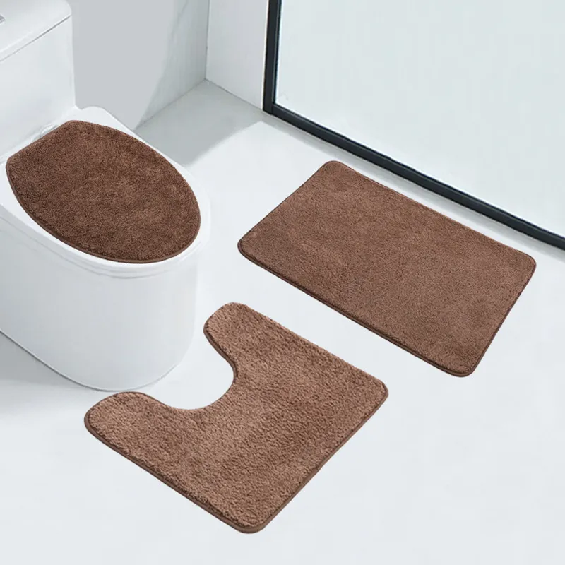 Conjunto de Alfombrilla de Baño Antideslizante Absorbente de Poliéster Color Sólido Tejido a Máquina Tapa de Inodoro