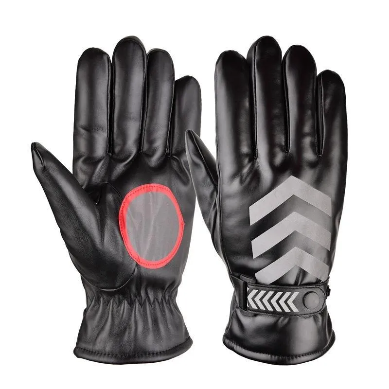 Men's Winter Cycling Gloves Windproof Thermal Thickened Fleece PU Leather Gloves Touch Screen Reflective Anti-Slip Sports Gloves