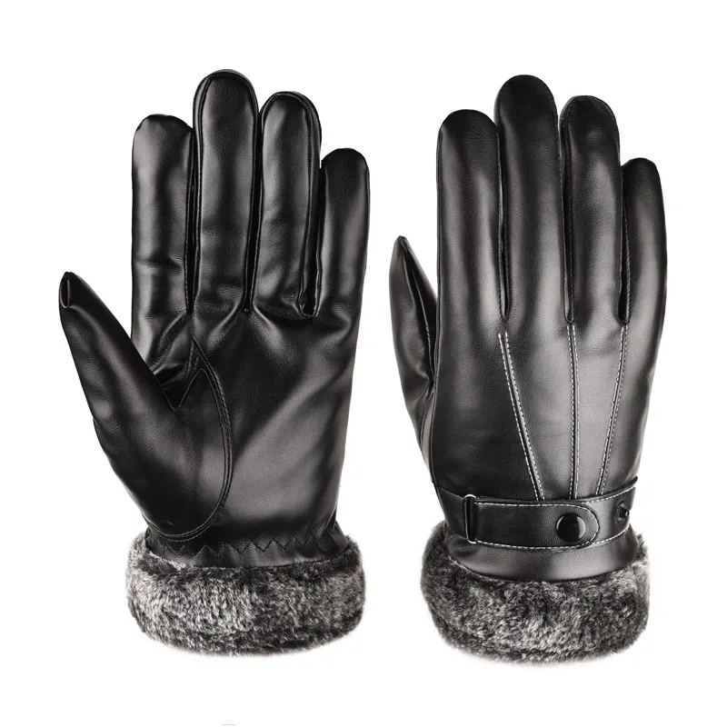 Men's Winter Warm PU Leather Gloves Thickened Plush Fur Cuff Three Lines Design Windproof Cycling Touch Screen Gloves