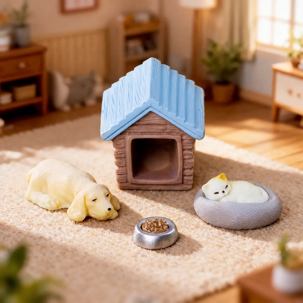 Style Pastoral Mignon Résine Chiot Niche Chat Lit Bol Micro-paysage Miniature Figurine Bureau Jardin DIY Ornement