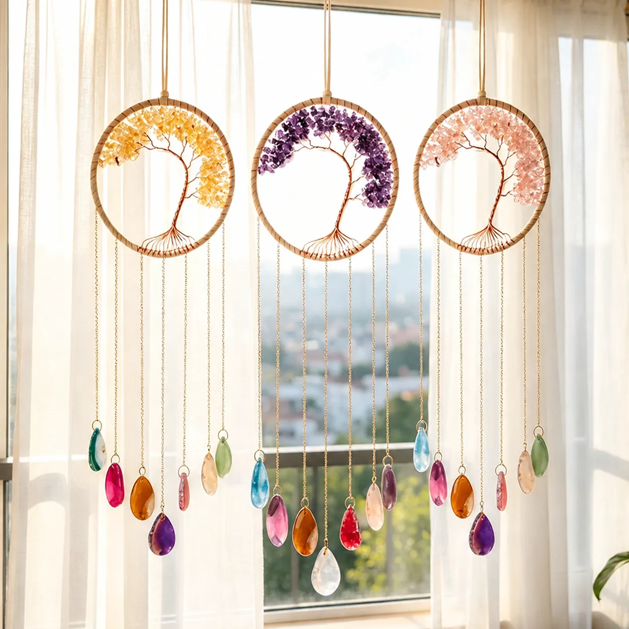 Cristal Natural Árbol de la Vida Atrapasueños Colgante de Agata Timbre de Viento Adorno Colgante Decoración de Pared