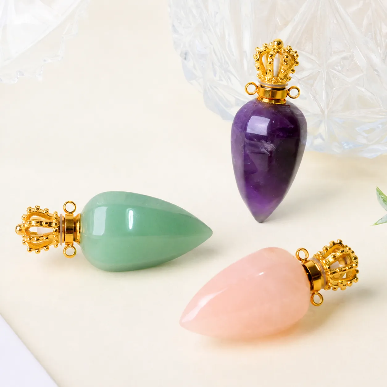 Natürlicher Kristall Parfümfläschchen Anhänger Ätherisches Öl Diffusor Fläschchen DIY Halskette Zubehör Golden Silber Doppelring