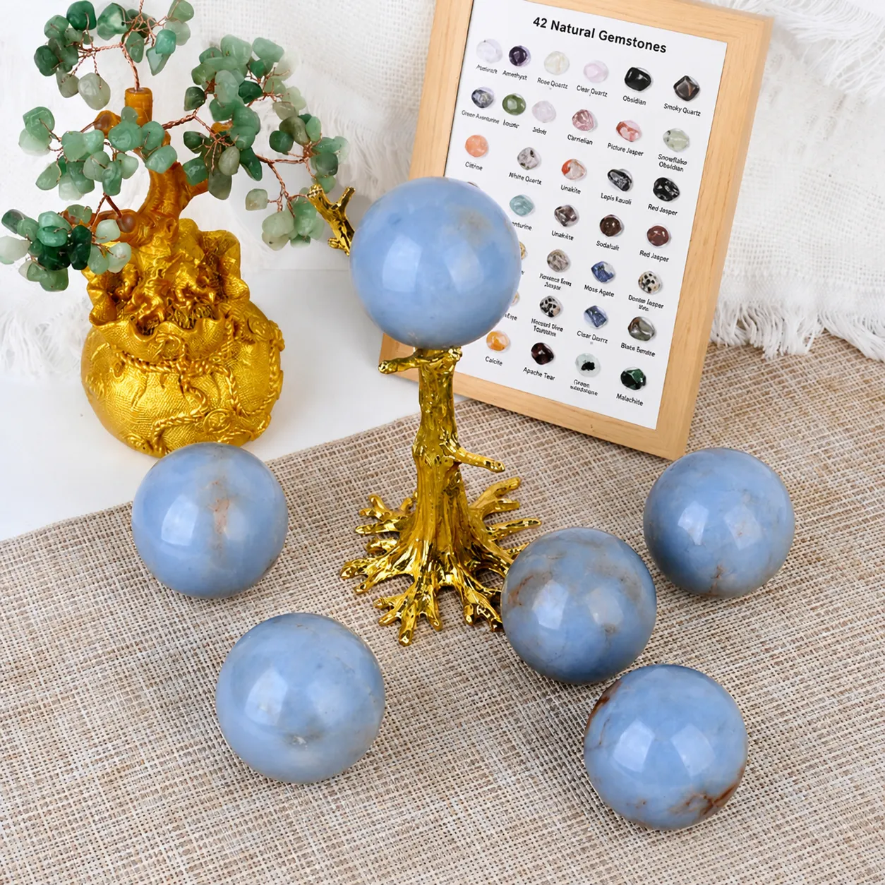 Natural Crystal Angelite Stone Ball Ornament Healing Energy Sphere Home Office Desk Decor Polished Mineral Specimen