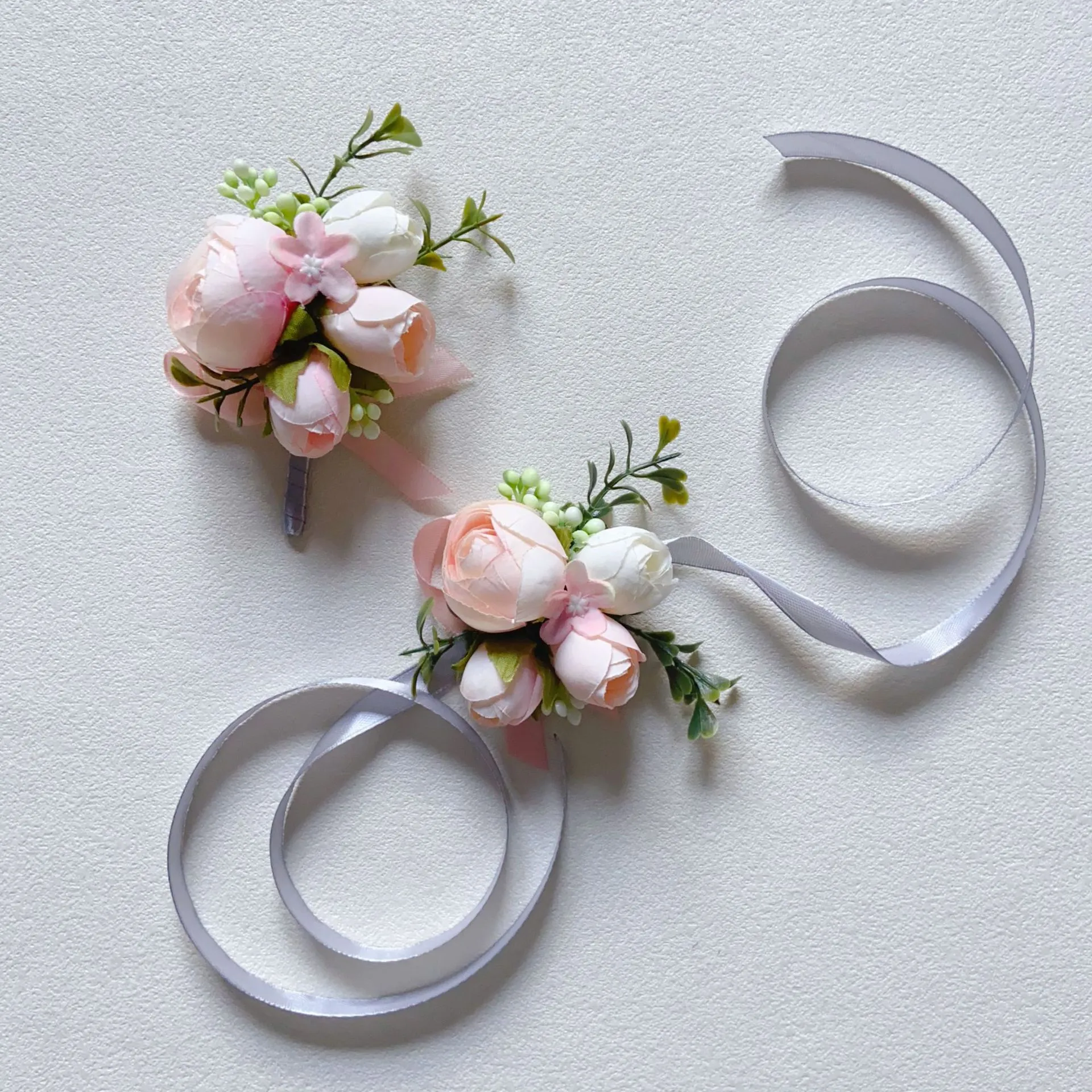 Light Pink Wedding Boutonniere And Wrist Corsage Artificial Rose Silk Flower Groom Groomsmen Corsages Party Suit Decor