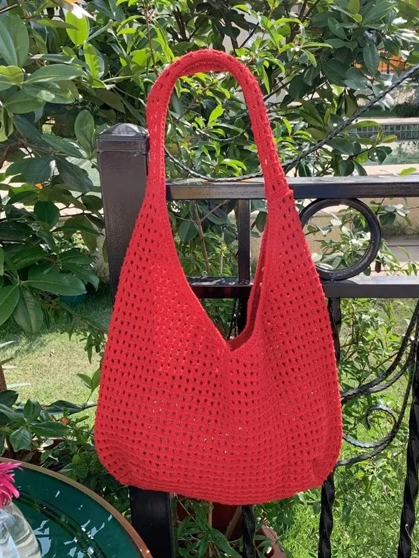 Borsa Tote Intrecciata in Stile Coreano da Donna Traforata Casual Vacanza Borsa a Spalla Poliestere Borsa a Mano Quotidiana