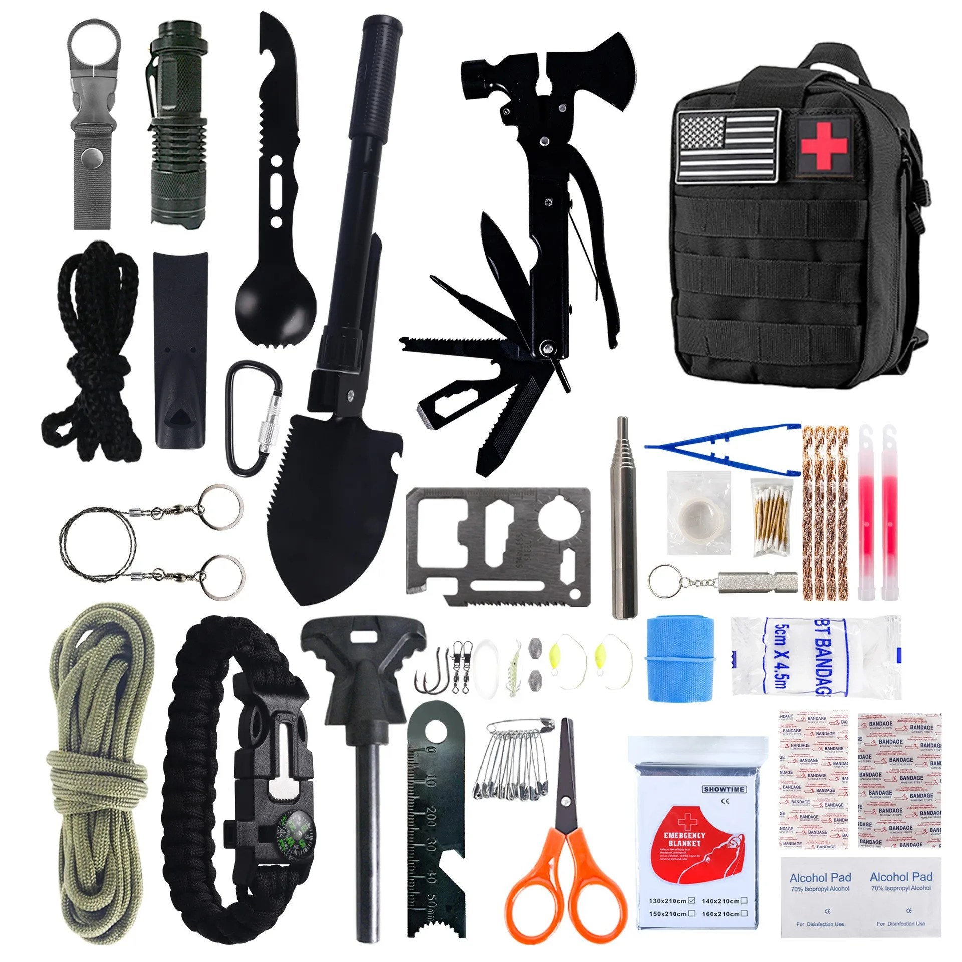 Kit d'Outils de Survie Multifonctionnel Extérieur Équipement de Camping d'Urgence Pelle Tactique Ensemble de Premiers Secours