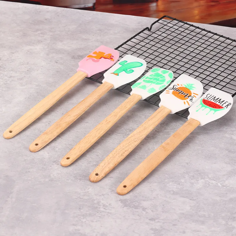 Wooden Handle Silicone Spatula Kitchen Baking Tool Food Grade Cream Cake Scraper Cactus Pineapple Print Kitchen Gadget