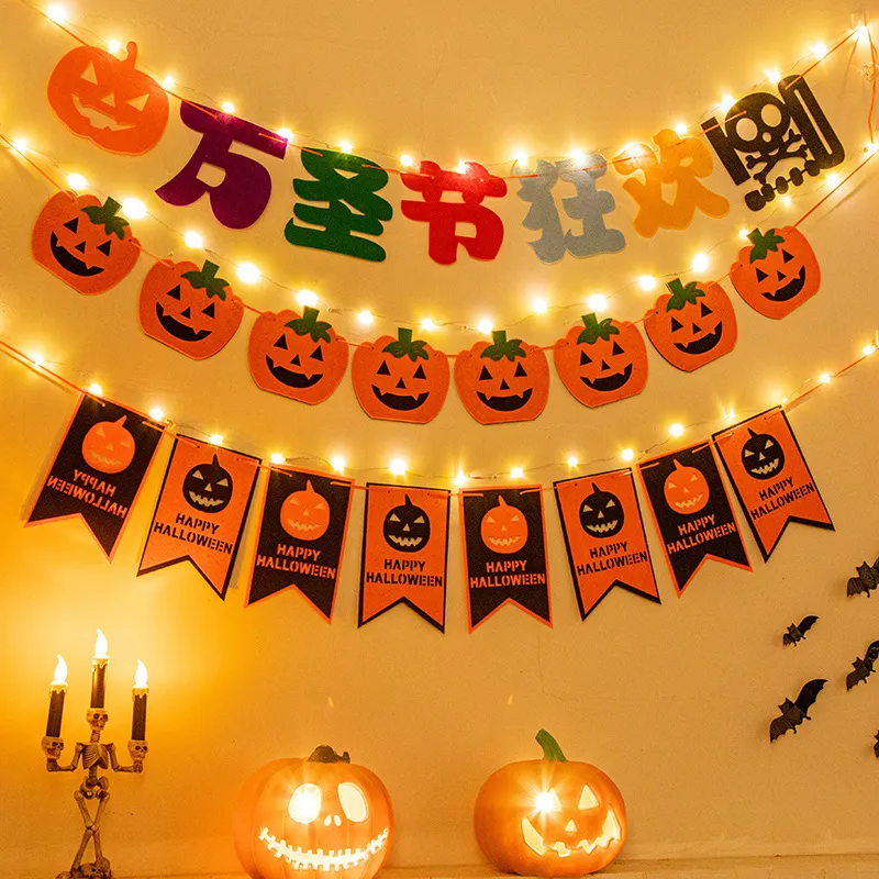 Halloween LED Glowing Banner Non-woven Fabric Pumpkin Bat Witch Garland For Party Home Shop Spooky Atmosphere Hanging Decoration
