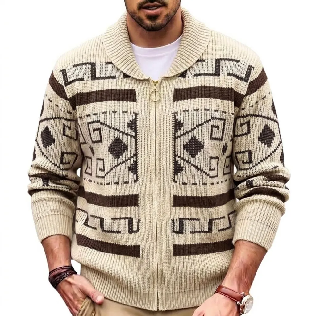 Ανδρική Vintage Ζακέτα Fair Isle Jacquard με Φερμουάρ Χειμερινό Ζεστό Πουλόβερ Πολυεστέρας Πλεκτή Ζακέτα με Ραβδώσεις Έθνικ Στυλ