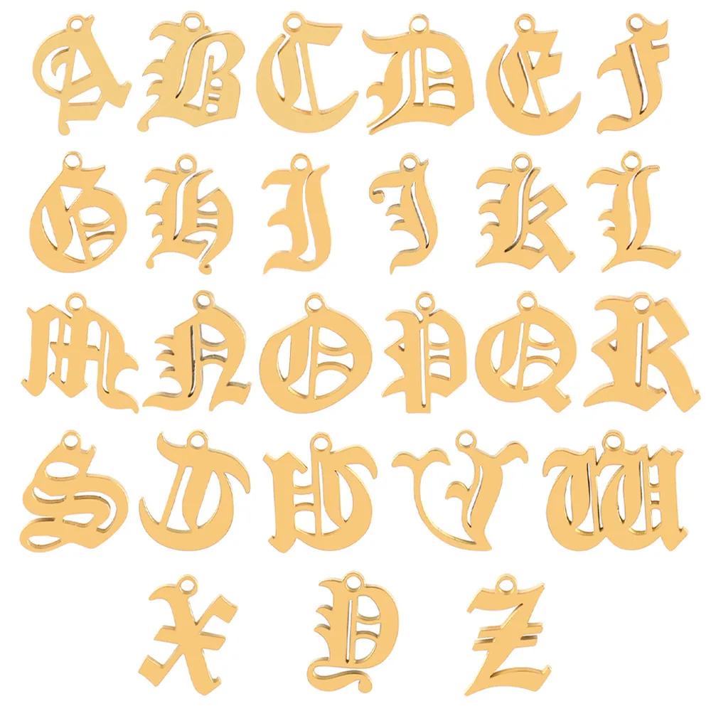 Gothic Alphabet A-Z Initial Charms Stainless Steel Vacuum Plated 18K Gold Polished Gothic Letter Pendants For DIY Jewelry Making Crafts Accessories