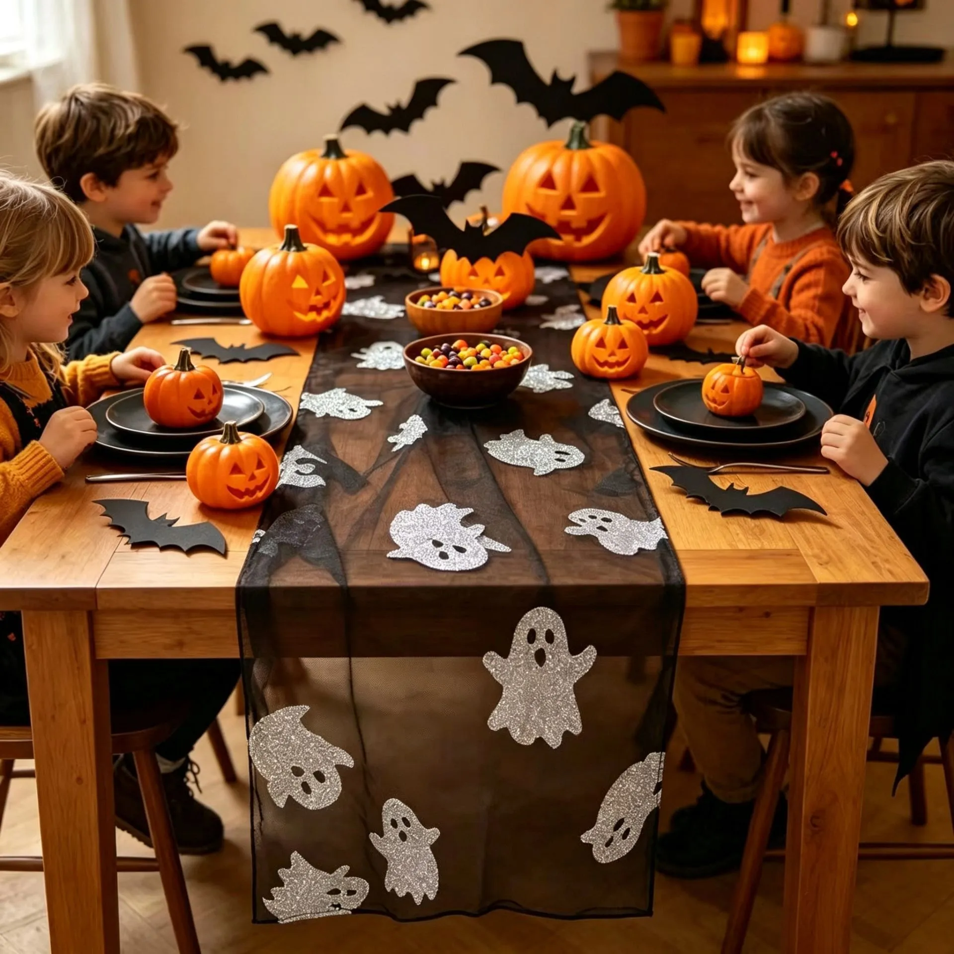 Halloween Table Runner Black White Ghost Pattern Gold Stamping Tablecloth Indoor Outdoor Party Decor Festival Home Supply