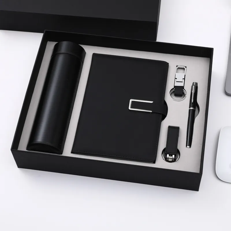 Juego de Regalo de Empresa Taza Termo Inteligente de Acero Inoxidable Cuaderno de Cuero PU Bolígrafo Llavero Caja de Regalo de Oficina de Lujo