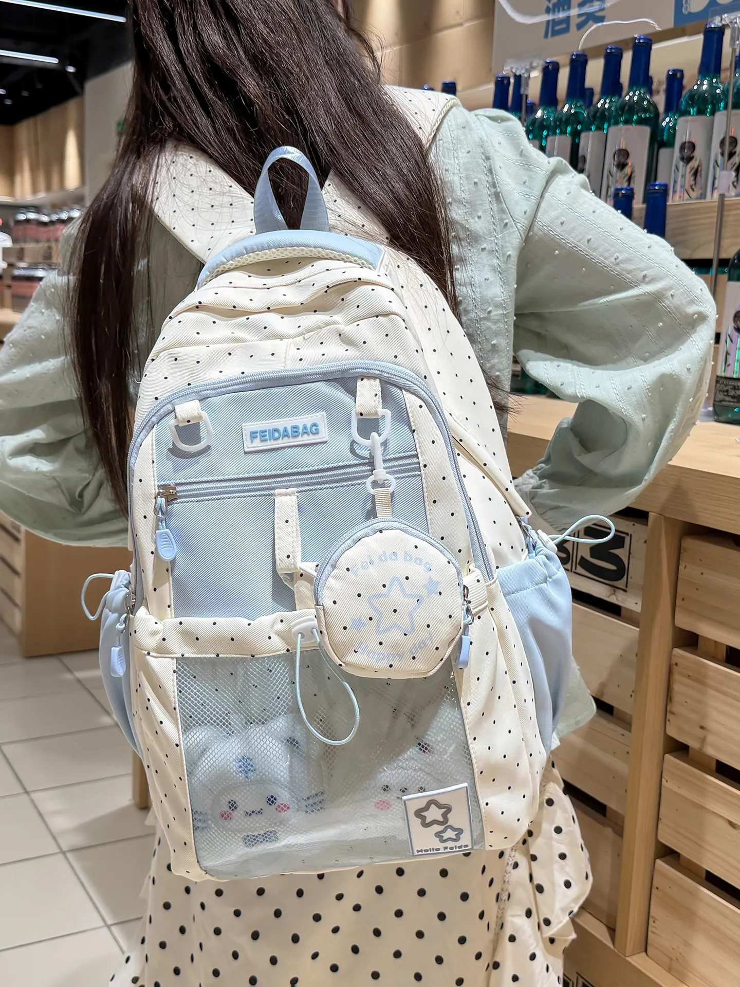 Women Cute Polka Dot Backpack Large Capacity Casual School Bag Lightweight Travel Bookbag With Clear Front Pocket