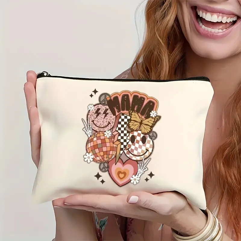 Trousse de Maquillage en Toile Blanche Pochette de Maquillage Portable Trousse de Toilette de Voyage Avec Imprimé Graphique Mignon pour Femmes