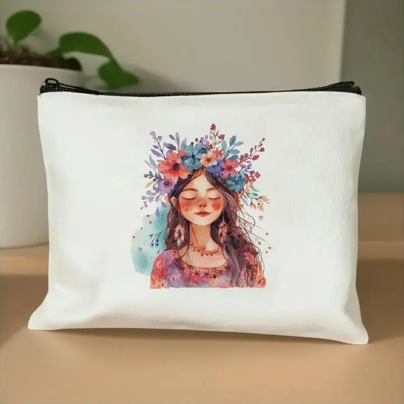 Leinwand Kosmetiktasche Tragbare Make-up Tasche Reise Kulturbeutel Süße Cartoon Blumen Drucken Reißverschluss Aufbewahrungstasche Für Frauen