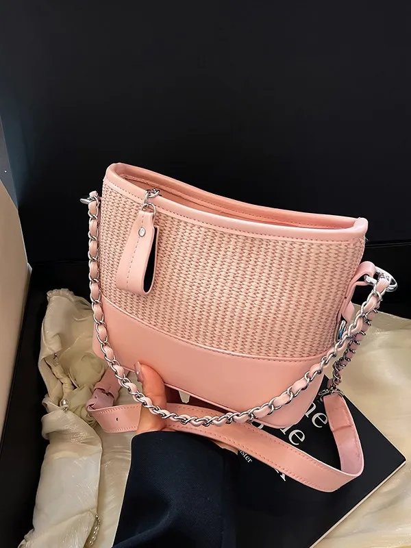 Dames Mode Imitatie Stro Splicing Schoudertas Trendy Ketting Emmer Hobo Tas Dagelijks Woon-werkverkeer Casual Handtas