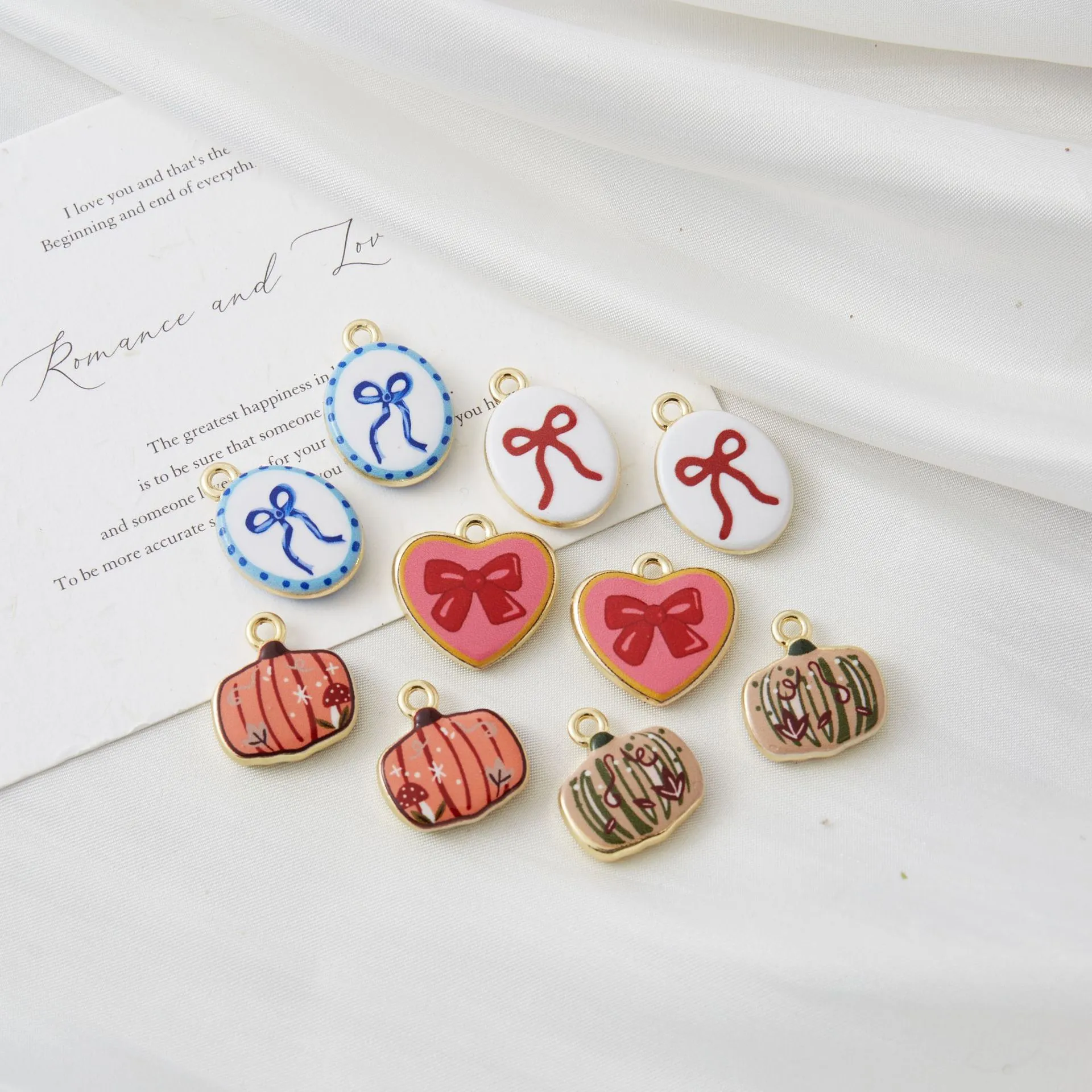 Zinc Alloy Bowknot Heart Pumpkin Pendants Double Sided Enamel Charms For DIY Necklace Bracelet Making Craft Findings Accessories