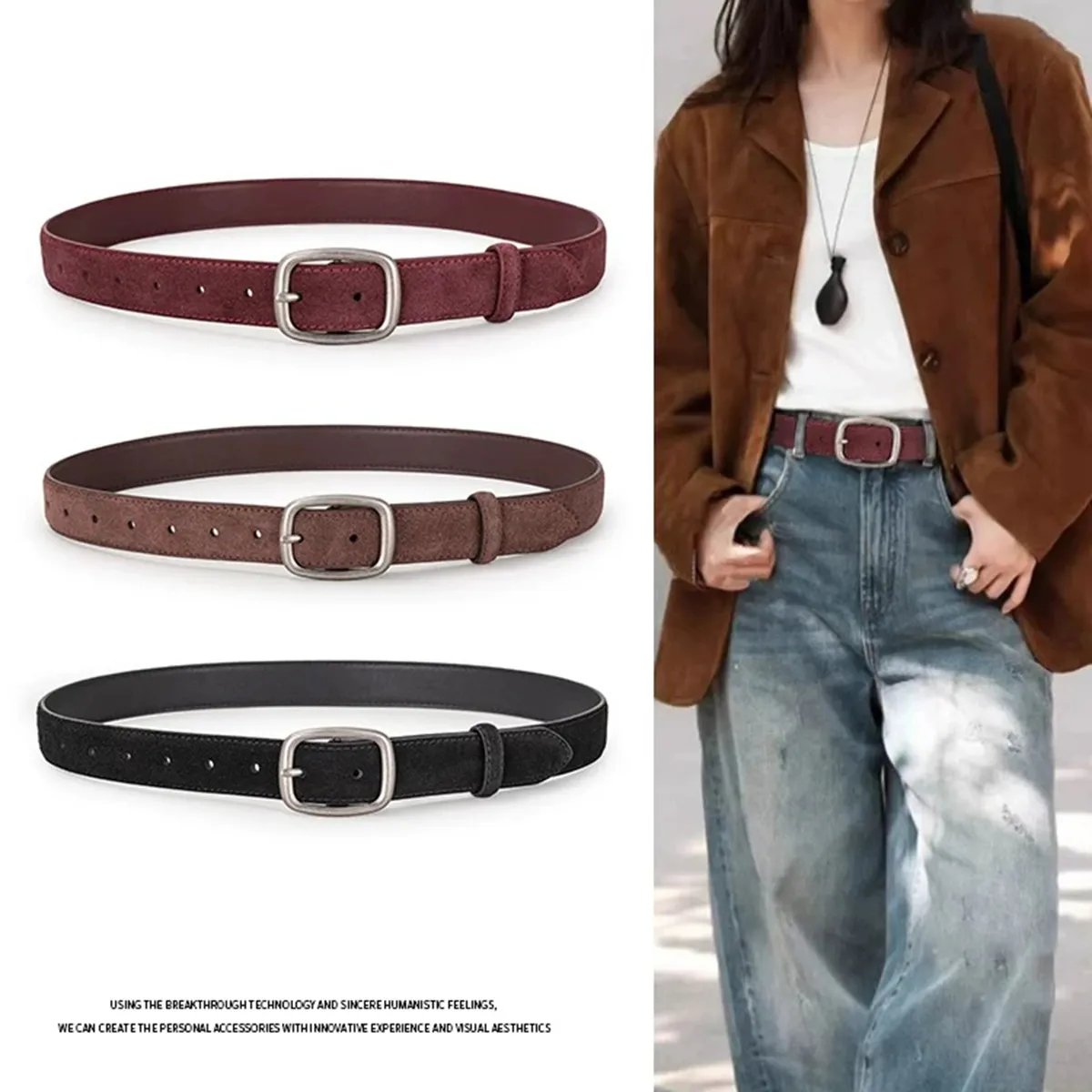 Γυναικείο Γνήσιο Δερμάτινο Σουέτ Ζωνάρι Ρετρό Ασημένια Αγκράφα Casual Ζώνη Μέσης Για Τζιν