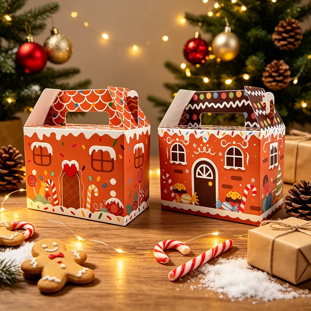 Weihnachtsgeschenkbox Lebkuchenhaus Plätzchen Süßigkeiten Verpackung Papier Tragbare Box Festliche Party Gefälligkeit Geschenkverpackungsbox