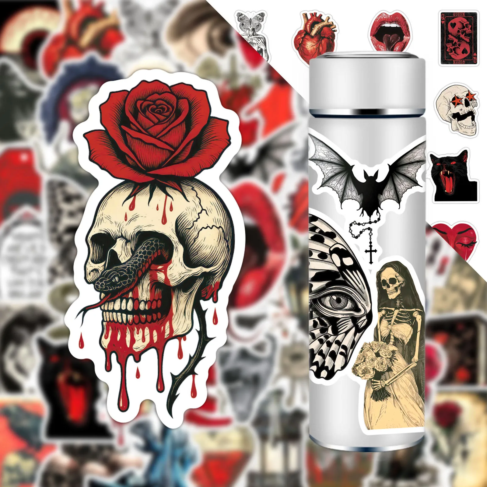 Vintage Gothic Horror Graffiti Stickers Waterproof Black And Red Skull Rose Decals For Water Bottle Skateboard Laptop Helmet