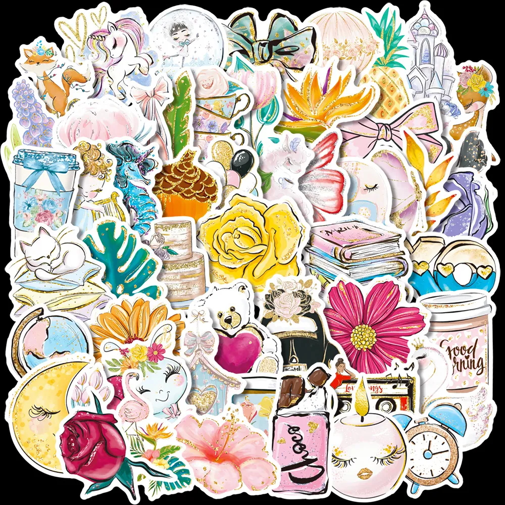 Ästhetische Vergoldete Wasserdichte Aufkleber Süße Frische Blumen Tiere Cartoon Journal Laptop Handy Dekorative Abziehbilder
