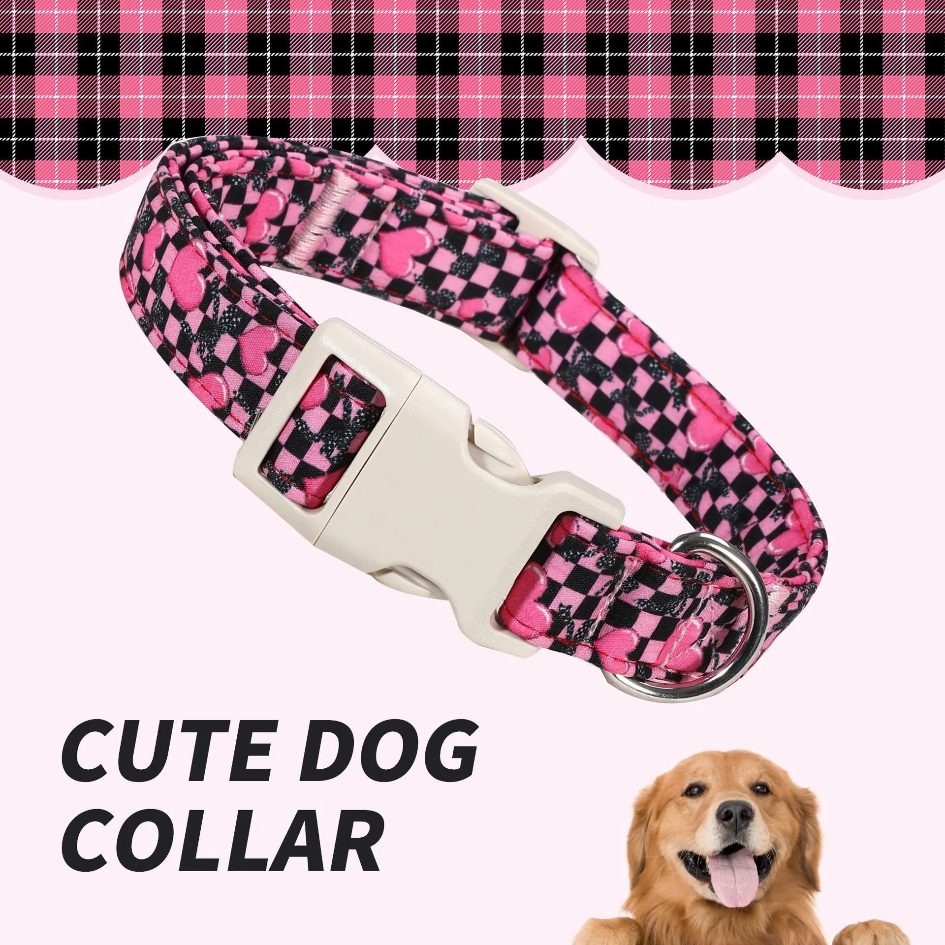 Verstellbares Polyester Karo Herz Haustierhalsband Für Kleine Mittlere Große Hunde Katzen Valentinstag Süßes Hundehalsband Mit Schnellverschluss