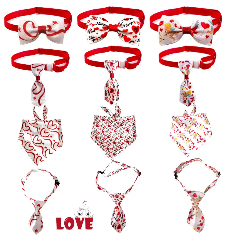 Valentine's Day Pet Bow Tie Necktie Set For Small Medium Dogs Cats Heart Print Polyester Puppy Bandana Saliva Towel Festive Accessories