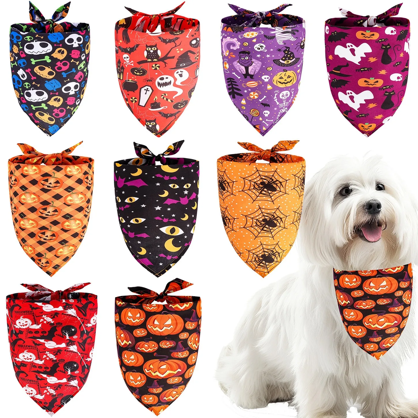 Foulard Triangle pour Animaux de Compagnie Halloween Polyester Crâne Citrouille Imprimé Chien Chat Serviette de Salive Accessoires de Costume de Fête