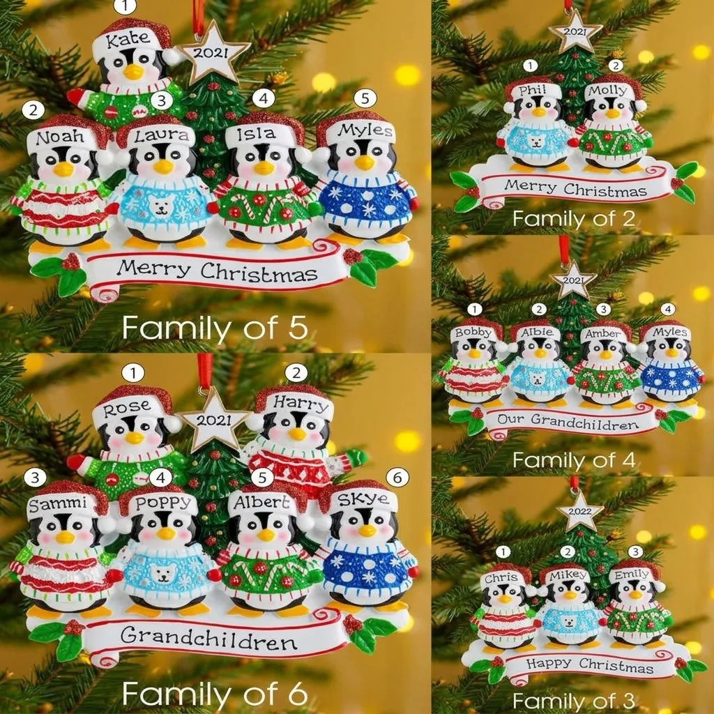 Cute Cartoon Penguin Family Resin Christmas Tree Hanging Ornament Festive Holiday Party Home Decor Craft Pendant Gift