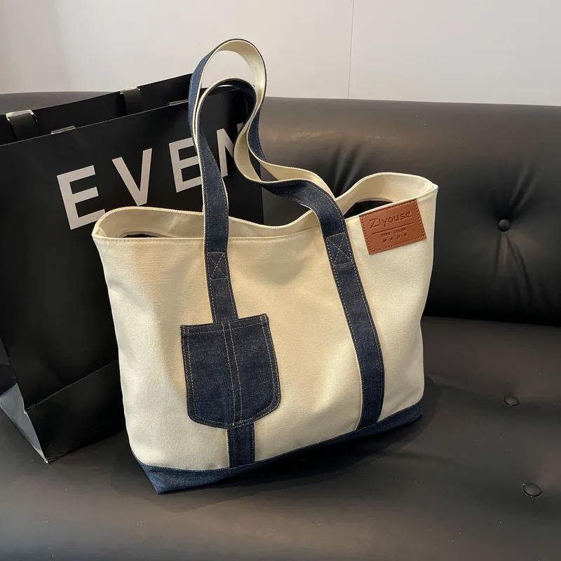 Canvas Denim Patchwork Tote Bag Μεγάλη Χωρητικότητα Casual Τσάντα Ώμου Fashion Commuter Handbag Για Γυναίκες