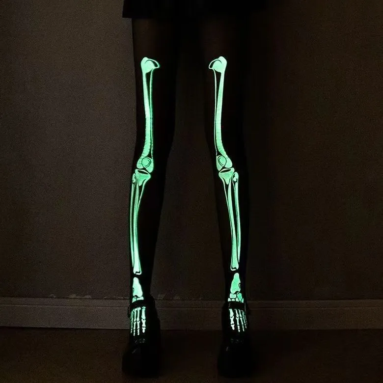 Medias Negras Brillantes En La Oscuridad Para Mujer Fiesta De Halloween Esqueleto Letra Estampado De Estrella Medias Luminosas Medias Elásticas