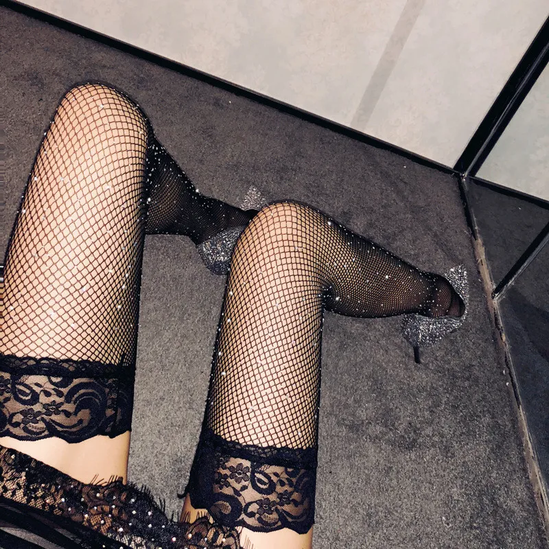 Calze Autoreggenti a Rete Sexy da Donna Collant a Rete con Strass Scintillanti Stile Discoteca Sopra il Ginocchio