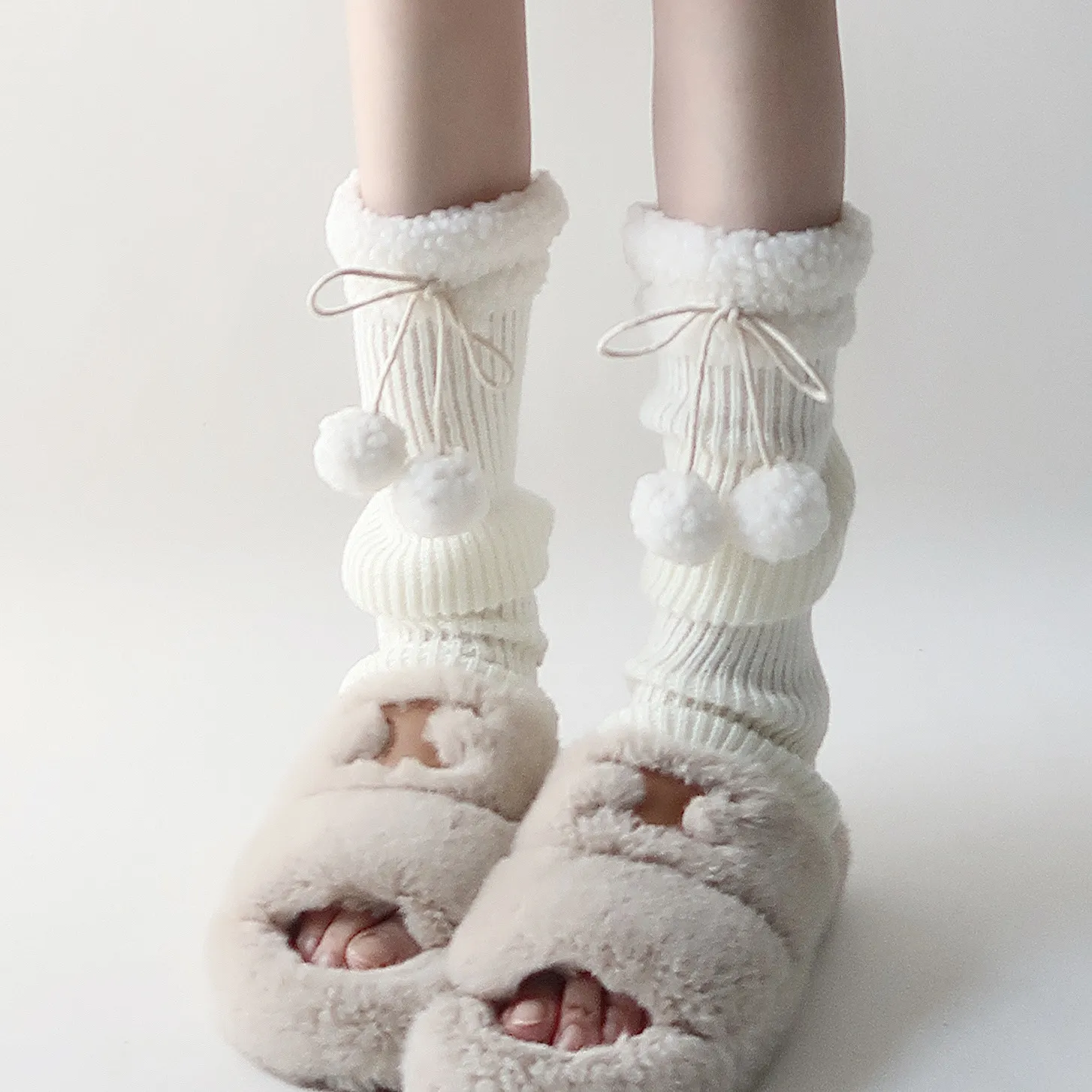 Japanese Style Cute Pom Pom Knit Leg Warmers Sweet JK Lolita Acrylic Stacking Socks Winter Warm Boot Cuffs For Women