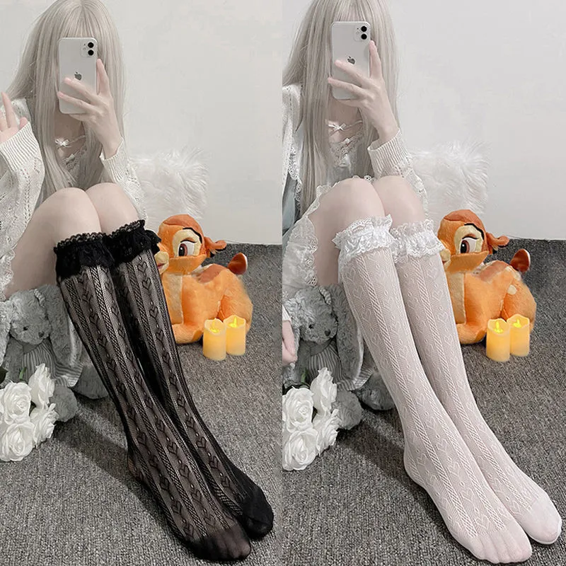 Calcetines de Tubo Medio de Encaje Lolita Dulce para Mujer Japonés JK Lindo Corazón Camelia Lazo Calado Transpirable Verano Hosiery