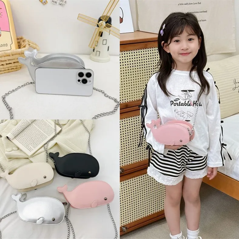 Sac Bandoulière Mignon en Forme de Dauphin pour Enfants Cuir PU Chaîne en Métal Sac à Épaule pour Garçons Filles Décontracté