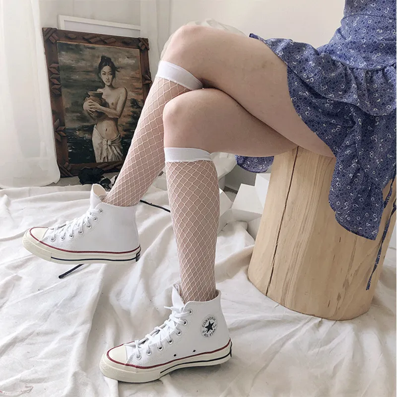 Damen Gothic JK Uniform Netzstrümpfe Dunkle Ästhetik Ausgehöhlte Wadenlange Netzsocken Atmungsaktive Nylon Sexy Wadensocken