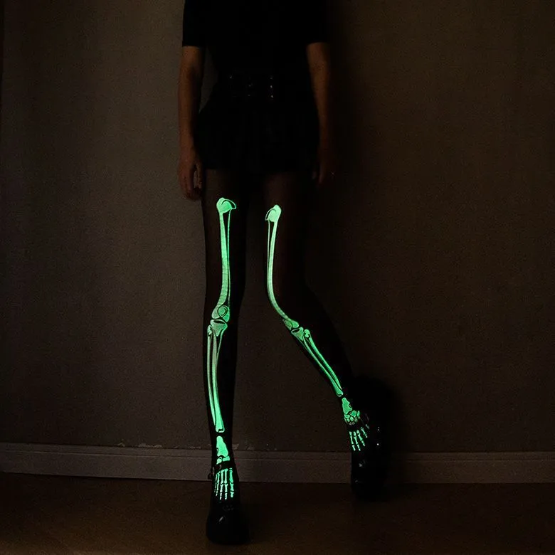 Medias de Esqueleto Luminosas Mujer Halloween Gótico Estilo Oscuro Mallas Negras Fiesta Cosplay Disfraz Espeluznante Piernas