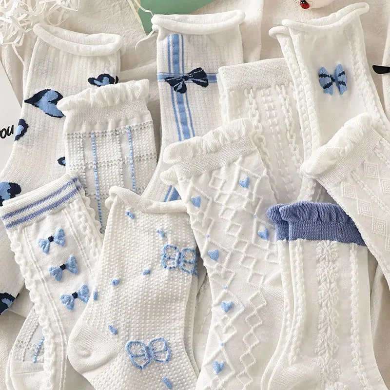 Chaussettes mi-hautes Japonaises Douces avec Nœud et Dentelle pour Femmes Mignonnes Bleu et Blanc Couleur Contrastée Respirantes Mélange de Coton Mode Décontractée