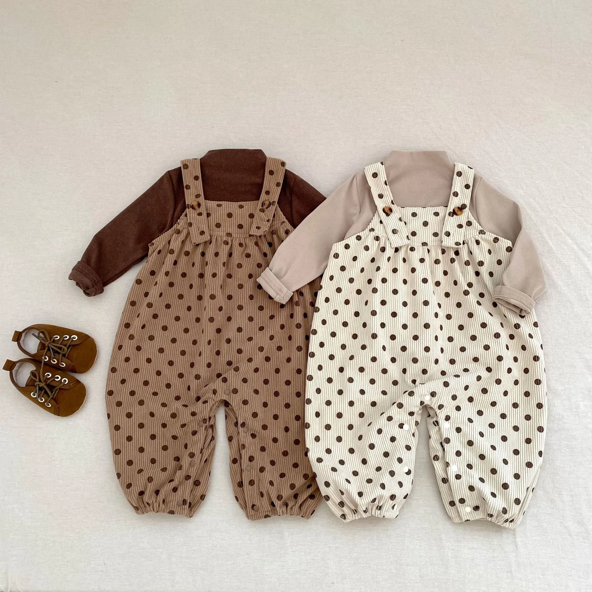 Simpatici Pantaloni a Bretella a Pois per Bambini e Bambine Maglietta a Maniche Lunghe Tuta Intera Casual Autunno Abiti Neonato