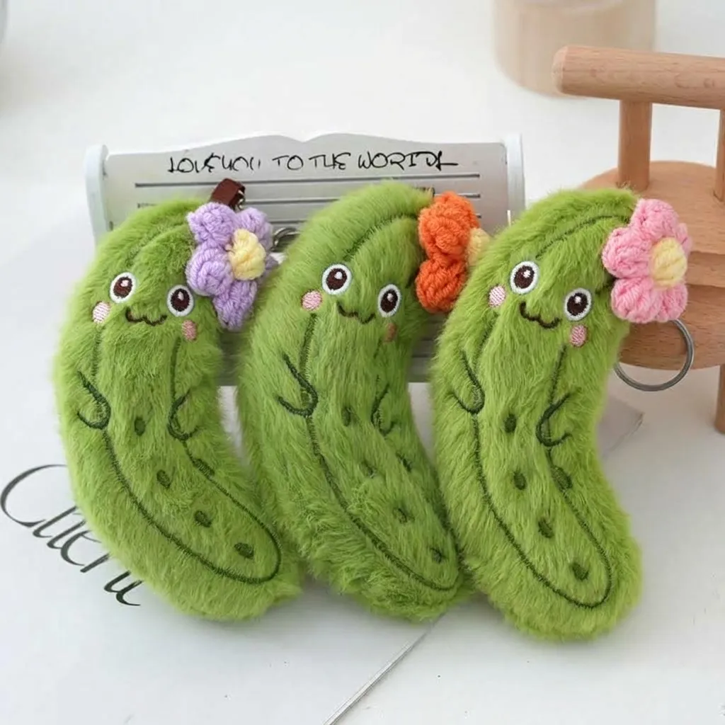 Cute Cucumber Plush Toy Keychain Creative Fruit Vegetable Stuffed Doll Bag Pendant With Knit Flower Ornament Charm Gift For Girls