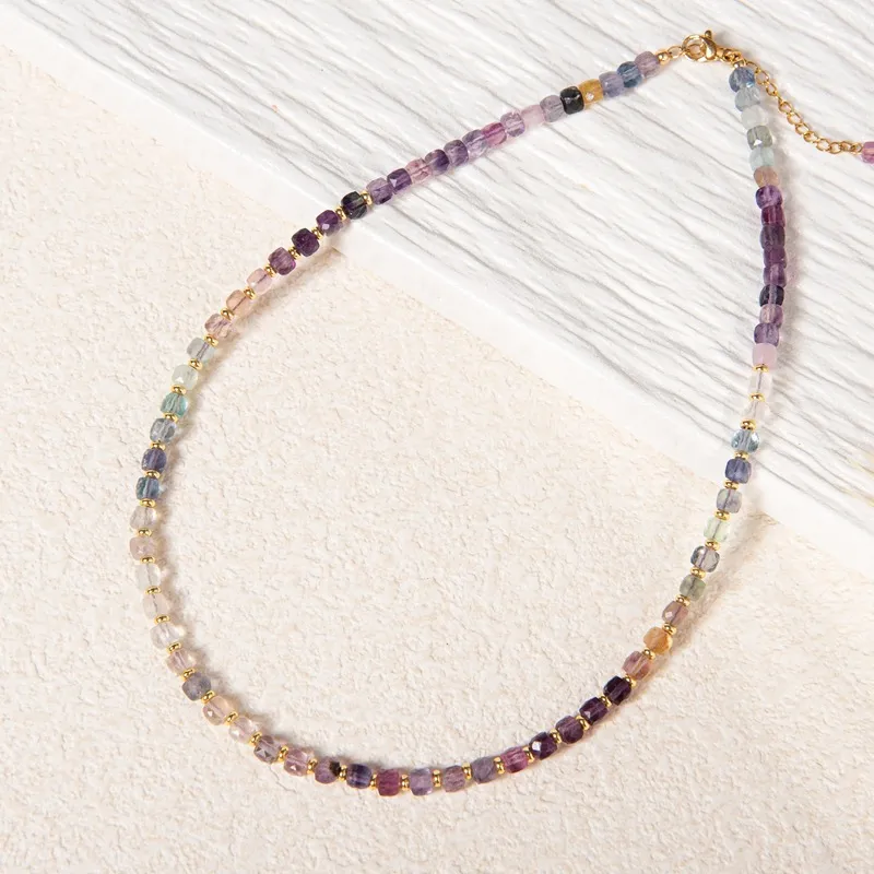 American Fashion Natural Stone Fluorite Cube Choker Necklace Luxury Real Gold Plated Copper Geometric Beaded Pendant Necklace For Unisex