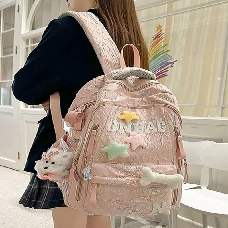 Waterproof Casual Cute Lightweight Nylon Backpack Anti-Theft School Bookbag With Plush Pendants For Women Men