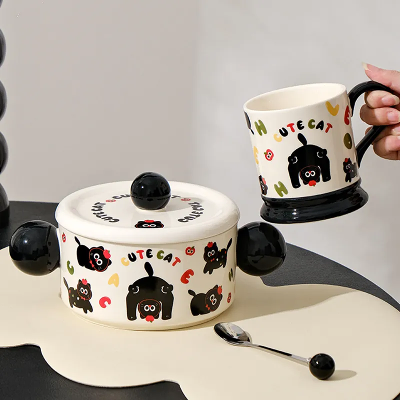 Cute Black Cat Ceramic Instant Noodle Bowl Mug Soup Pot With Lid Spoon Ins Style Cartoon Tableware Set