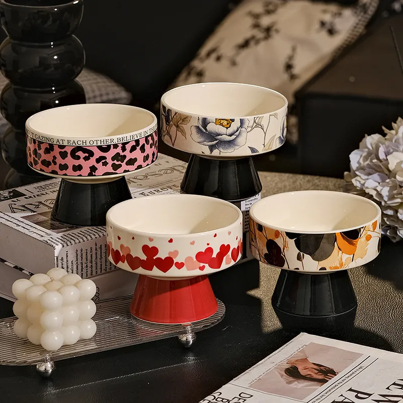 Retro Ceramic High-Footed Bowl Fruit Tray Living Room Coffee Table Snack Dried Fruit Storage Plate Afternoon Tea Tableware